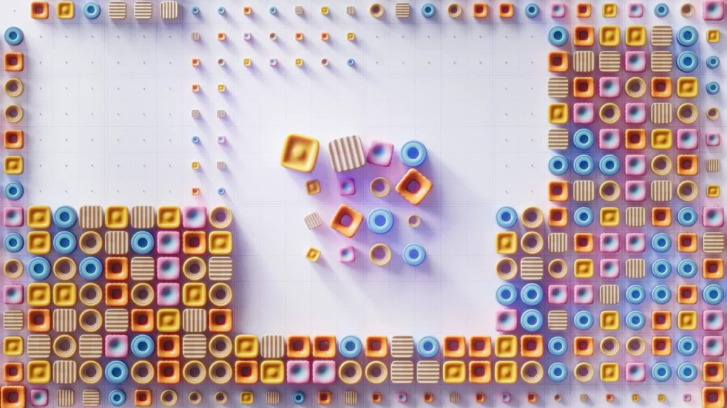 Colorful 3D geometric shapes, inspired by Parametric Architectural Design, including squares, circles, and cylinders, are arranged in patterns along the edges and clustered in the center of a white grid background for a playful, abstract effect.