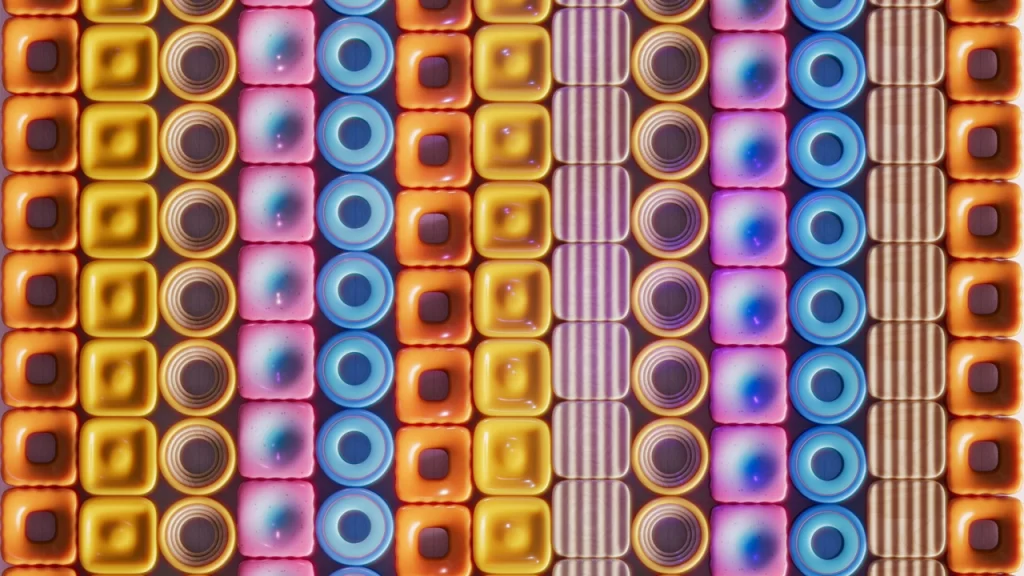 An array of colorful candies arranged in neat, parametric architectural design-inspired vertical rows, featuring various shapes such as squares, circles, and stripes in vibrant hues of yellow, orange, pink, blue, purple, and brown.