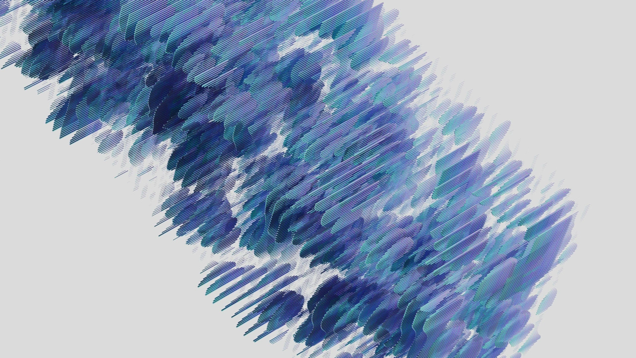 Abstract digital artwork featuring a diagonal cluster of blue, purple, and teal brush strokes on a white background, evoking the dynamic, textured layering often seen in parametric architectural design.