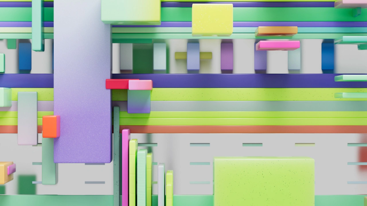 Abstract digital artwork featuring colorful 3D rectangular and square shapes in pastel shades, arranged in horizontal and vertical layers that evoke a geometric, modern style inspired by parametric architectural design.