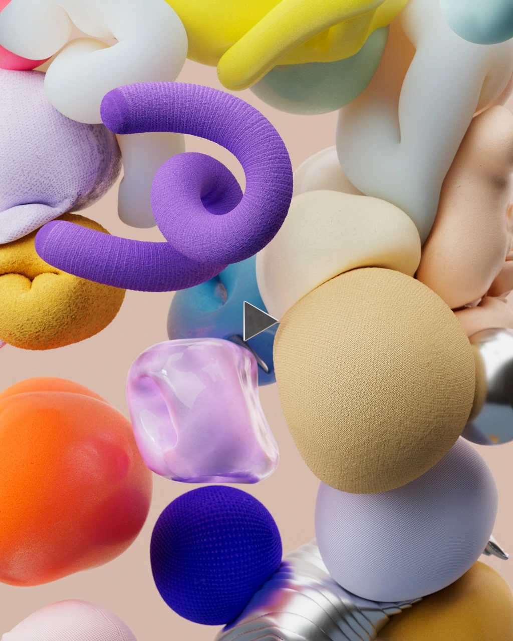 A cluster of colorful, abstract, soft and smooth objects inspired by Parametric Architectural Design, including purple, orange, yellow, beige, and metallic shapes, with a triangular play button in the center on a light background.